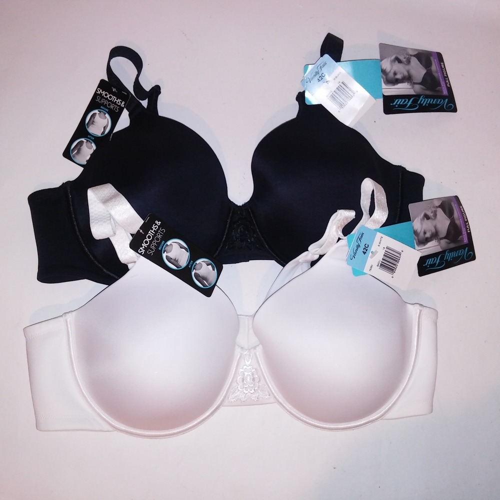 Vanity Fair Bra 42C Set of 2 Black White Solid Full Figure Back Smoother New